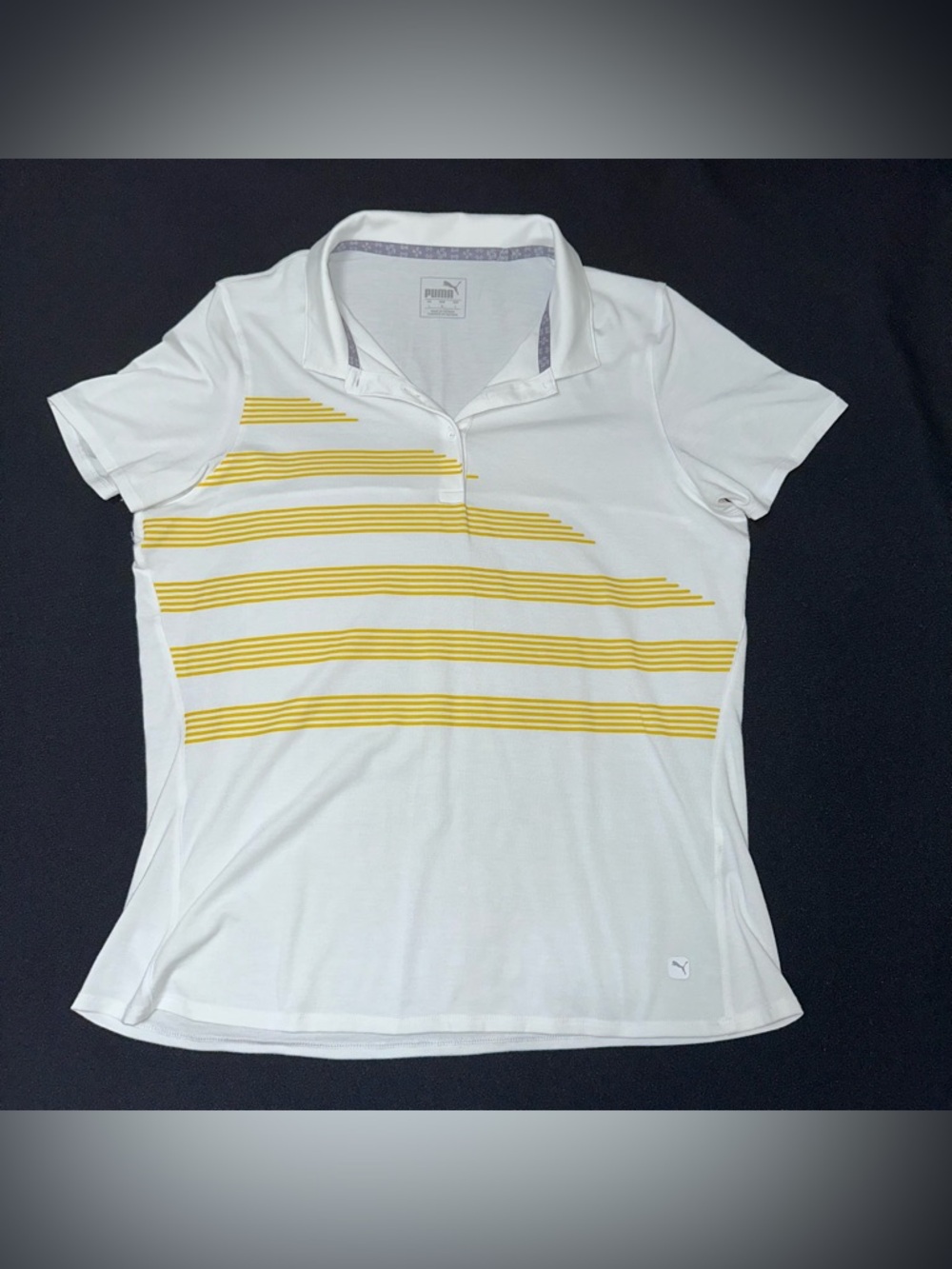 Puma Women’s White Polo Top with Yellow Stripes golf shirt ladies large
